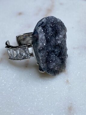 Apophyllite Druzy Ring • Raw Crystal Cluster • Adjustable Silver Statement Ring